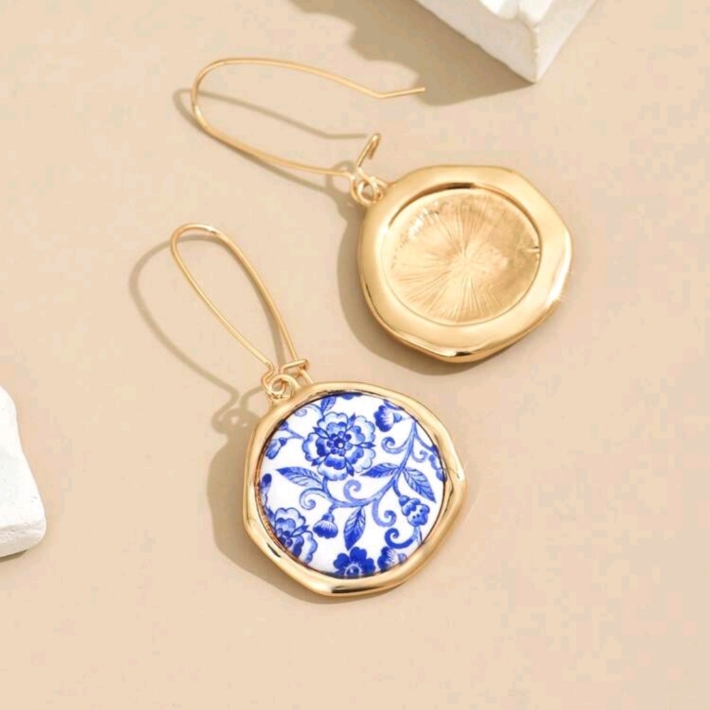 Blue & White Delft Floral Patterned Disc Boho Earrings On Long Gold Wires; NWOT